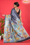 Tussar Kantha Stitch With Grey Hand Paint Big Flower Motif