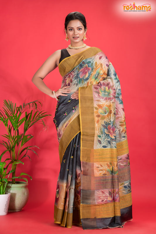 Tussar Kantha Stitch With Golden Black Hand Paint Big Flower Motif
