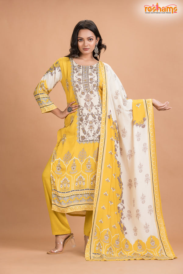 YELLOW FLORAL SHIMMER SILK  KURTI