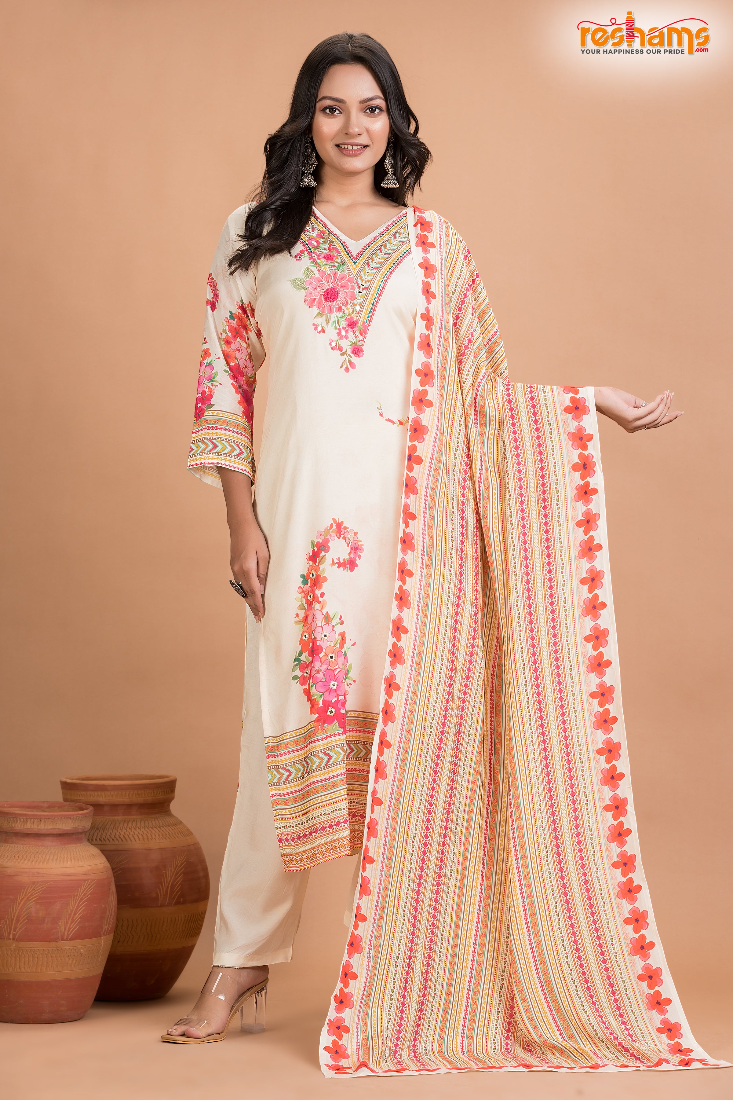 WHITE FLORAL SHIMMER SILK  KURTI