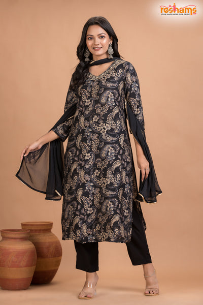 BLACK FLORAL SHIMMER SILK KURTI