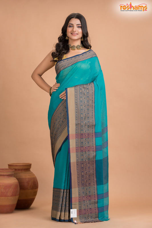 Pondicherry Khadi Cotton, Handloom Saree with Traditional Design in Green Blue