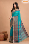 Pondicherry Khadi Cotton, Handloom Saree with Traditional Design in Green Blue