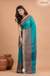 Pondicherry Khadi Cotton, Handloom Saree with Traditional Design in Green Blue