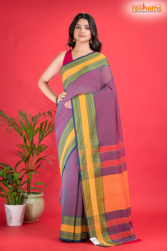 Pondicherry Khadi Cotton, Handloom Saree with Traditional Design in Purple  Yellow