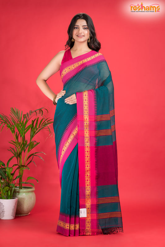 Pondicherry Khadi Cotton, Handloom Saree with Traditional Design in Green Pink