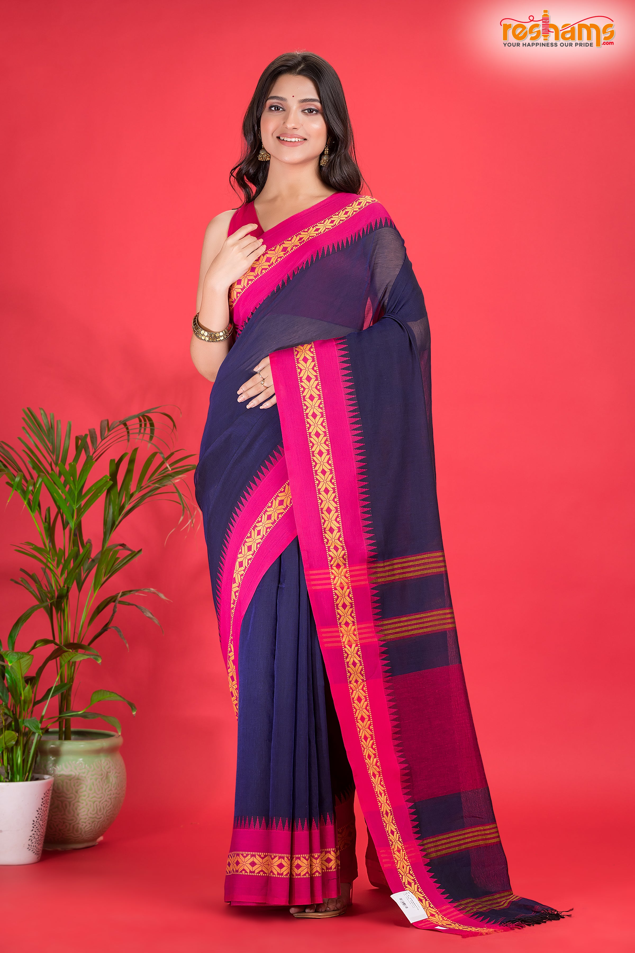 Pondicherry Khadi Cotton, Handloom Saree with Traditional Design in Blue Pink