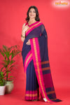 Pondicherry Khadi Cotton, Handloom Saree with Traditional Design in Blue Pink