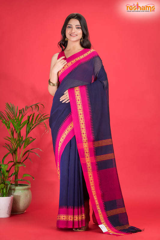 Pondicherry Khadi Cotton, Handloom Saree with Traditional Design in Blue Pink