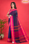 Pondicherry Khadi Cotton, Handloom Saree with Traditional Design in Blue Pink
