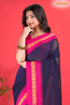Pondicherry Khadi Cotton, Handloom Saree with Traditional Design in Blue Pink