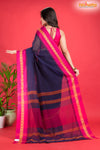 Pondicherry Khadi Cotton, Handloom Saree with Traditional Design in Blue Pink