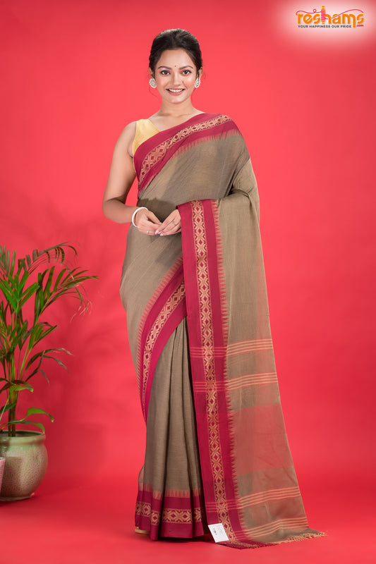 Pondicherry Khadi Cotton, Handloom Saree with Traditional Design in Brown Red