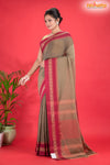 Pondicherry Khadi Cotton, Handloom Saree with Traditional Design in Brown Red