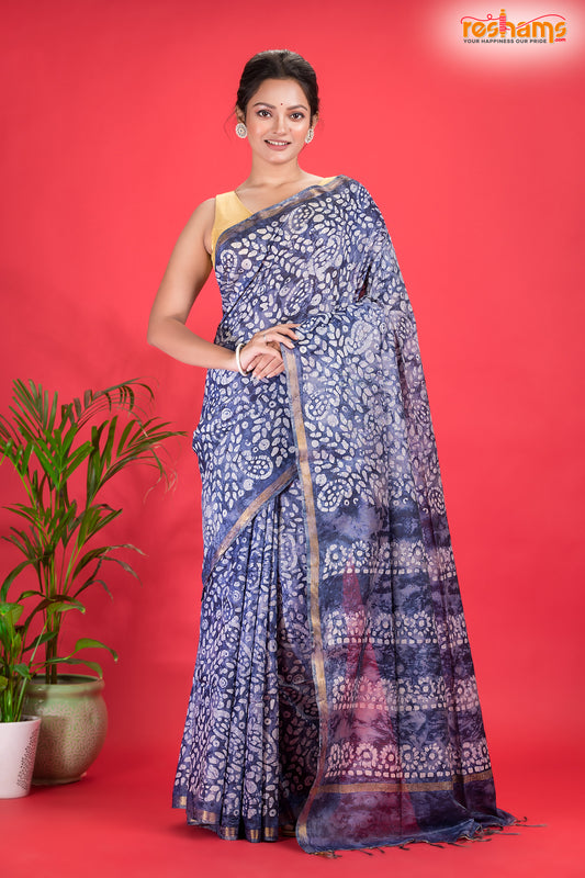 Linen batik cotton silk – BLUE Body with Golden Zari Border