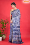 Linen batik cotton silk – BLUE Body with Golden Zari Border