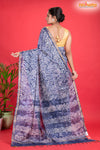 Linen batik cotton silk – BLUE Body with Golden Zari Border