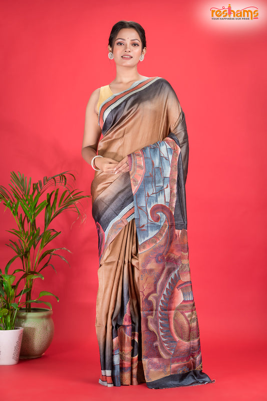 Tussar Kantha Stitch With Golden Black Hand Paint Big Flower Motif