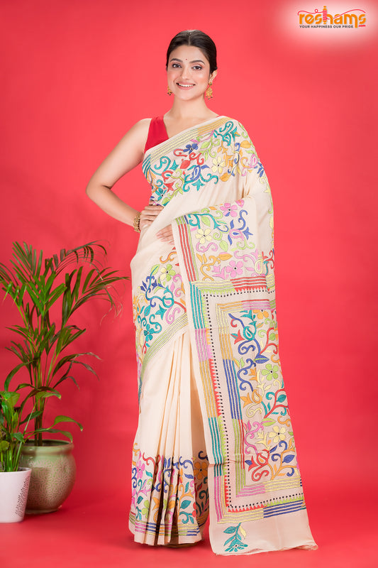 Tussar Kantha Stitch With White Hand Paint Big Flower Motif