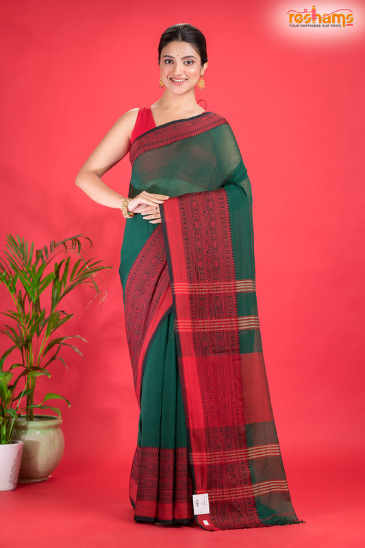 Pondicherry Khadi Cotton, Handloom Saree with Traditional Design in Green Red