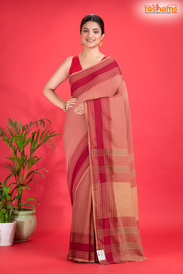 Pondicherry Cotton, Handloom Saree with Traditional Design in Light And Deep Brown
