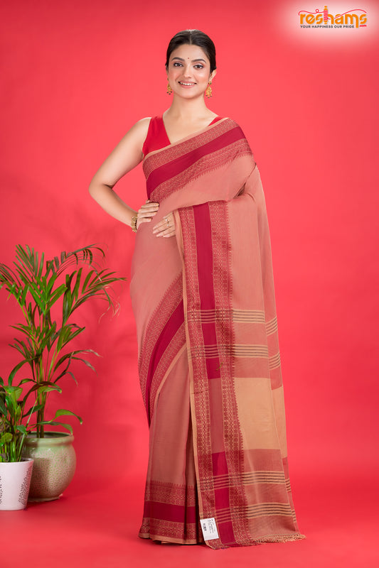 Pondicherry Khadi Cotton, Handloom Saree with Traditional Design in Light And Deep Brown