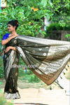 Dark Green Silk Saree in Flower Print  – with Silver Zari Border