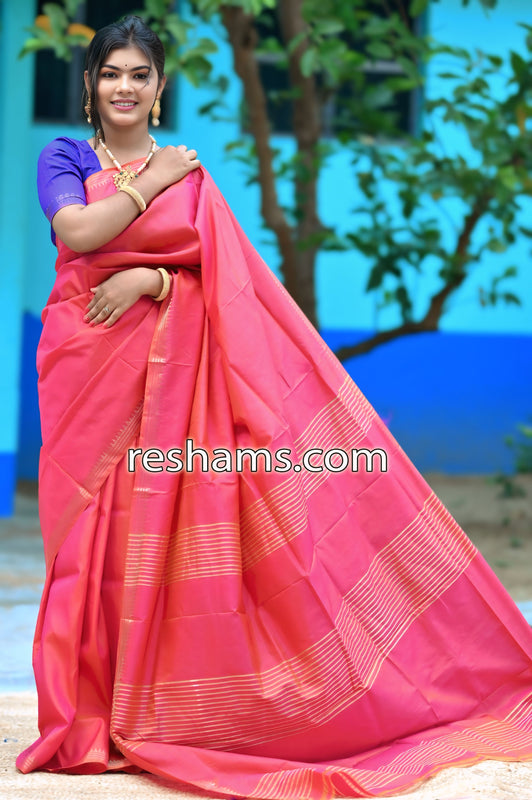 Bishnupuri Katan Silk Saree in Pink Red - Mangalgiri Pattern Handwoven