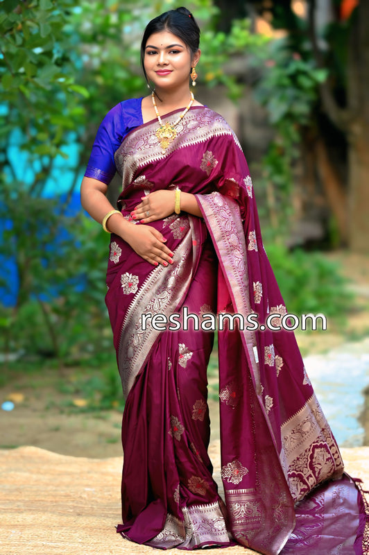 Royal Maroon Silk Saree in Flower Print  – with Silver Zari Border