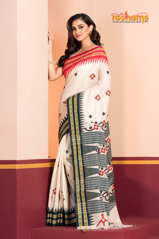 Vidarbha Pure Tussar White with Gujrathi Stitch