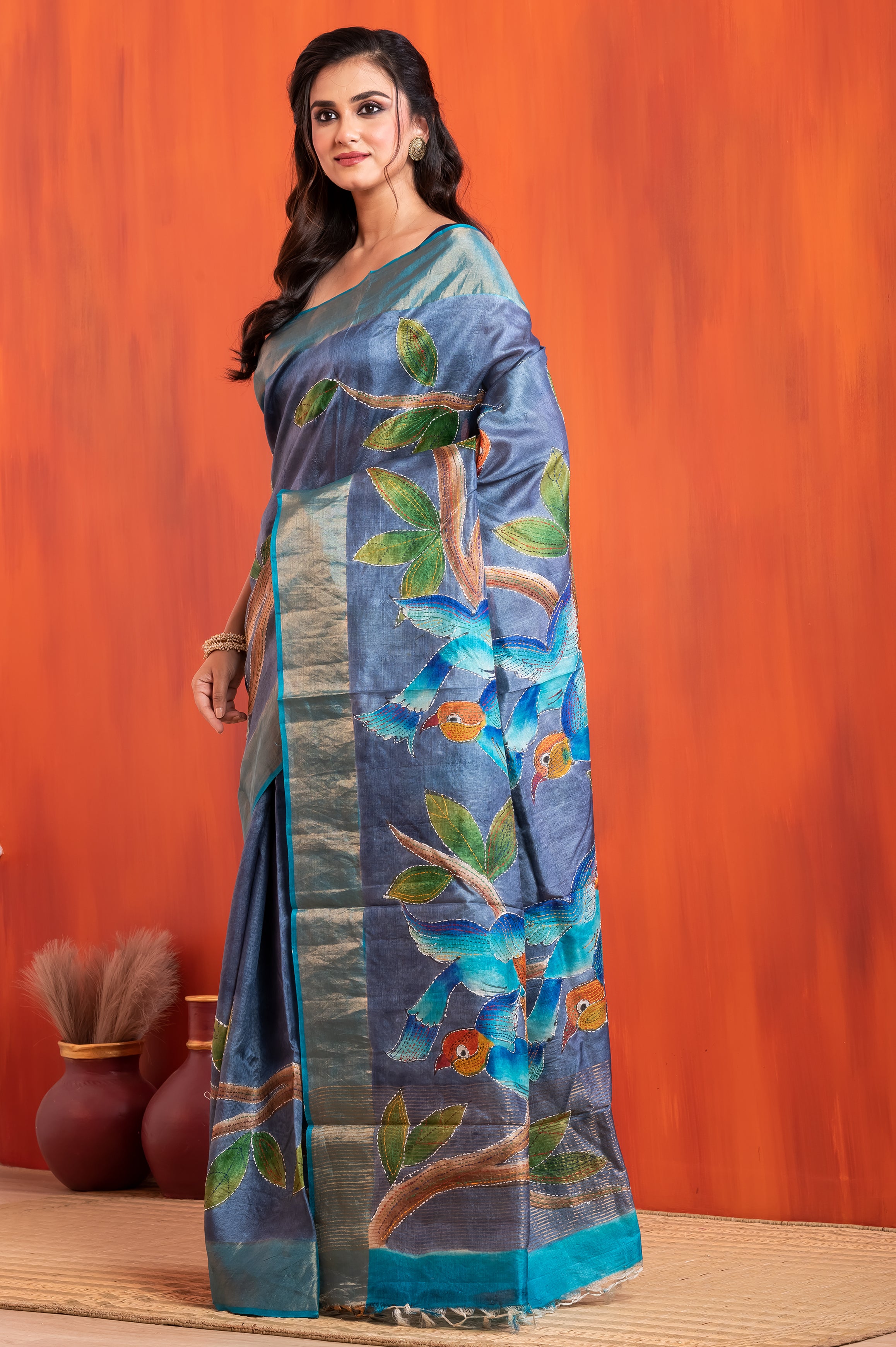 Tussar Kantha Stitch with hand paint bird motif