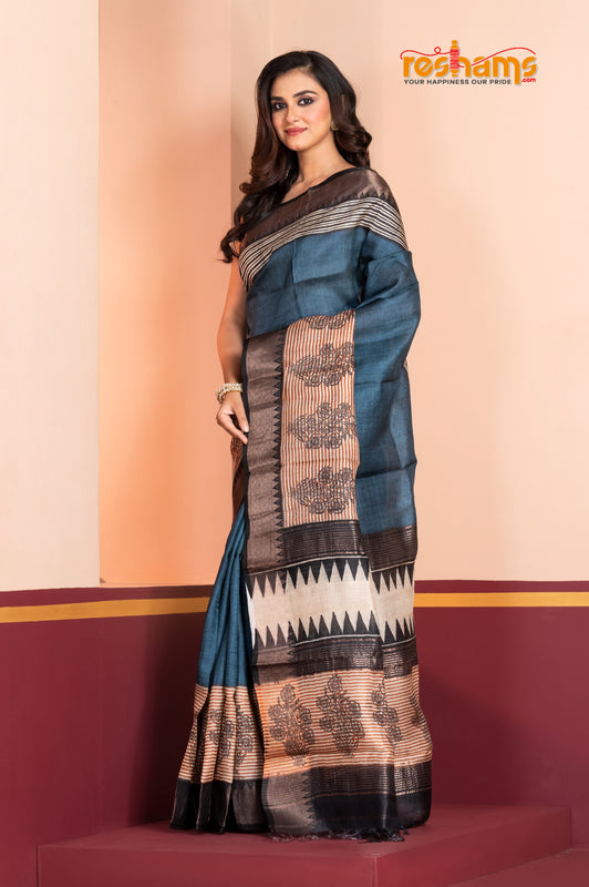 PURE PRINTED TUSSAR SILK BLUE