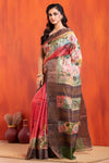 Tussar Kantha Stitch with red rose gold hand paint flower motif