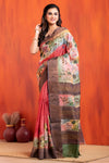 Tussar Kantha Stitch with red rose gold hand paint flower motif
