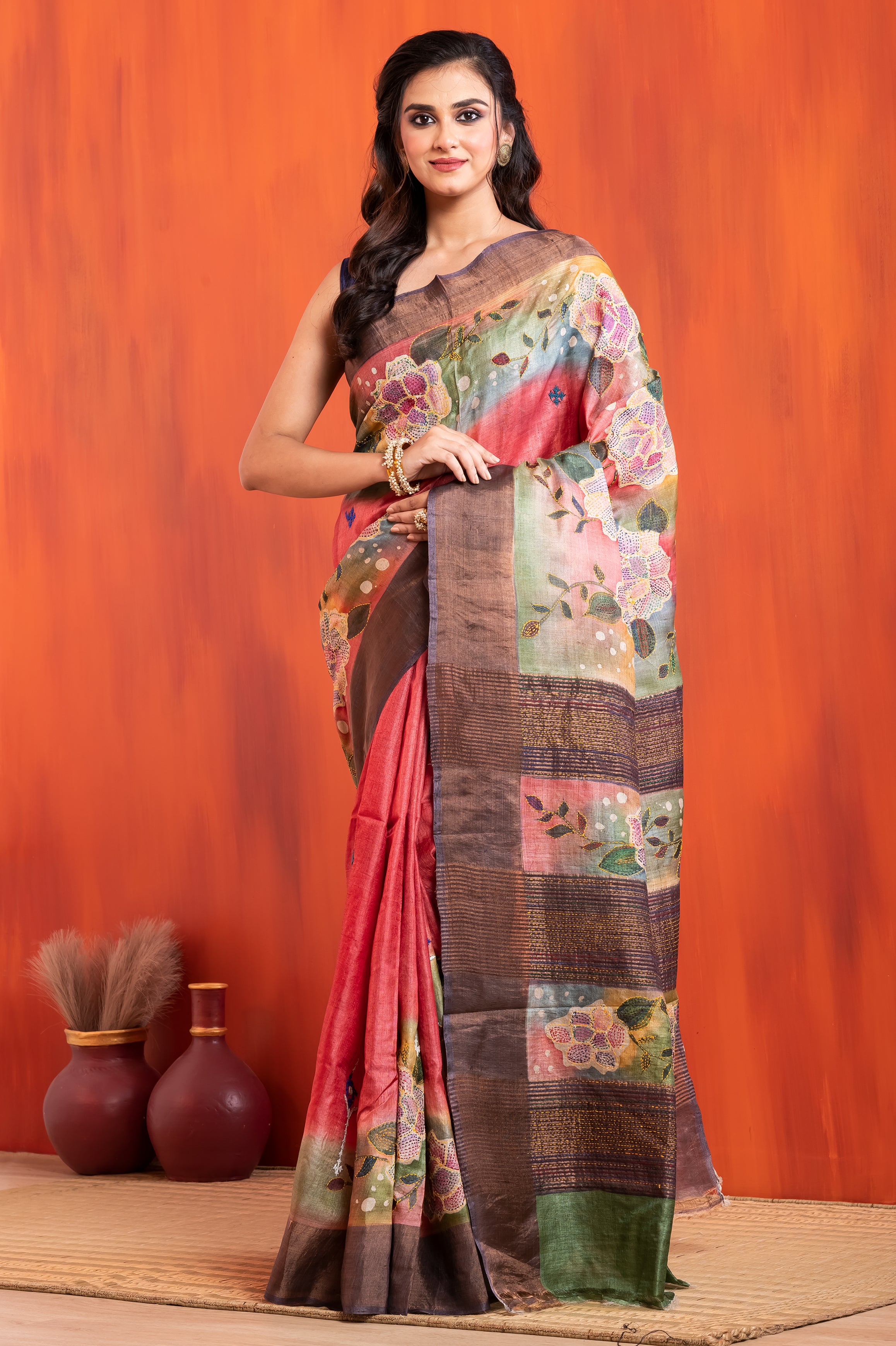 Tussar Kantha Stitch with red rose gold hand paint flower motif