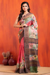 Tussar Kantha Stitch with red rose gold hand paint flower motif