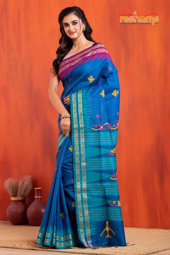 Vidarbha Pure Tussar Blue With Gujrathi Stitch