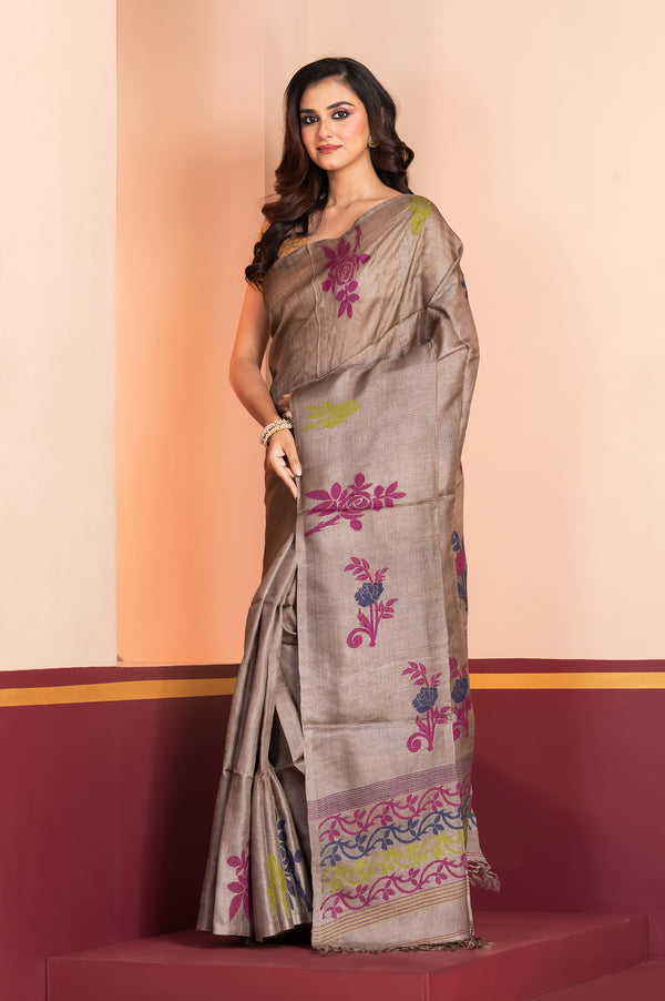 Pure Tussar Silk Jamdani Biscuit Brown