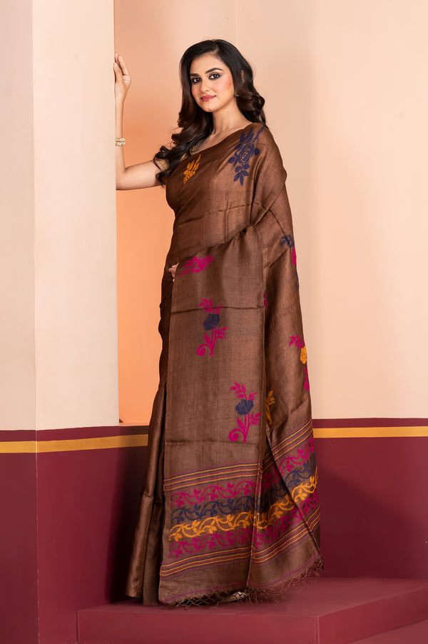 Pure Tussar Silk Jamdani Dark Brown