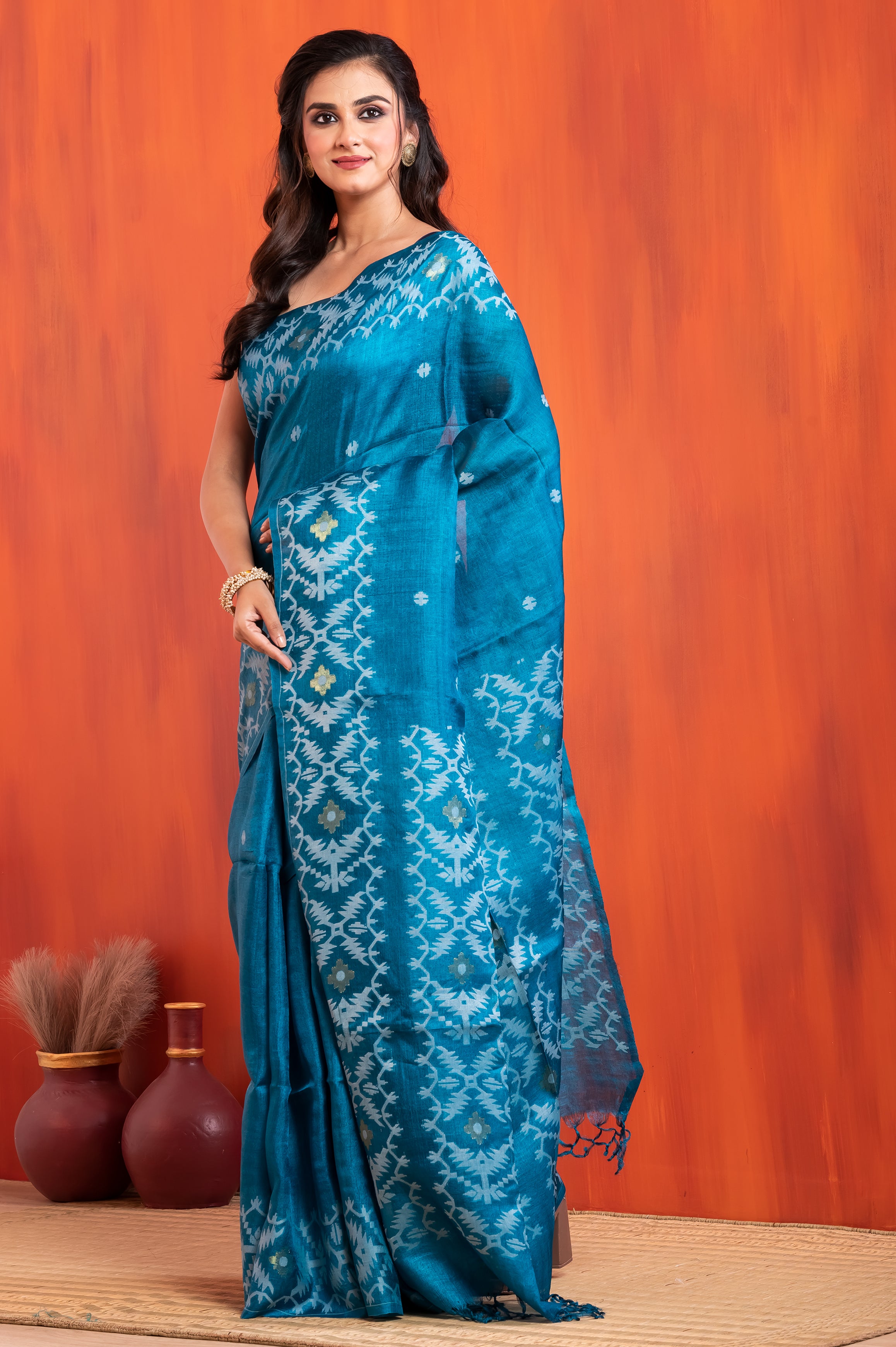 Pure Tussar Silk Jamdani Blue