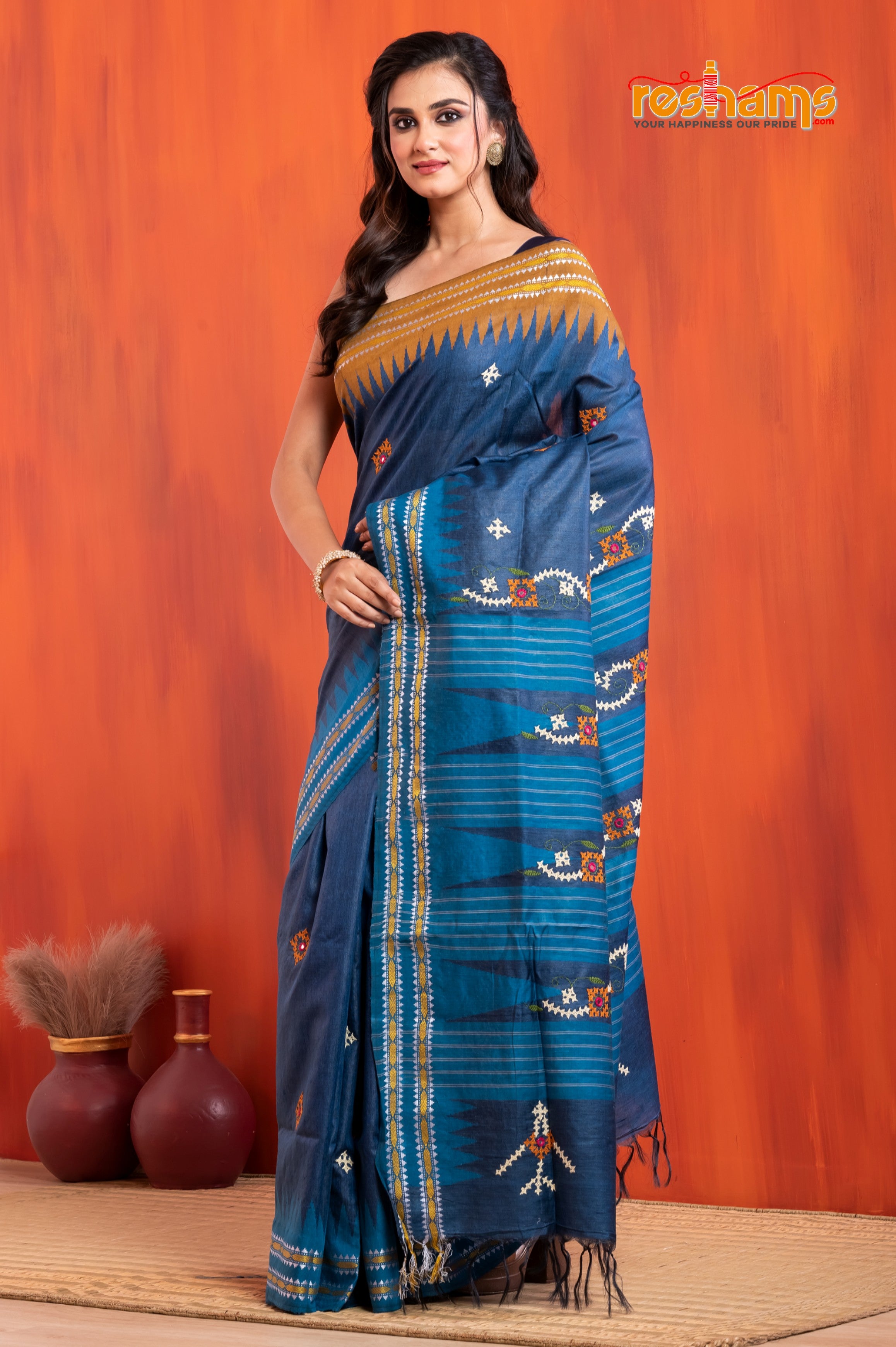 Vidarbha Pure Tussar Blue With Gujrathi Stitch