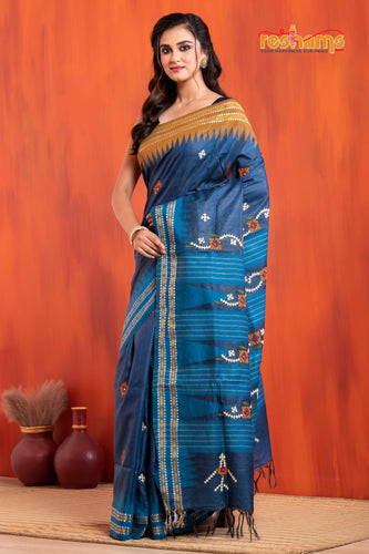 Vidarbha Pure Tussar Blue With Gujrathi Stitch