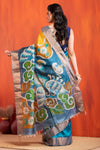 Tussar Kantha Stitch with blue yellow hand paint peacock motif