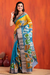 Tussar Kantha Stitch with blue yellow hand paint peacock motif