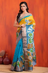 Tussar Kantha Stitch with blue yellow hand paint peacock motif