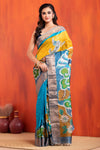 Tussar Kantha Stitch with blue yellow hand paint peacock motif
