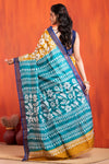 Tussar Kantha Stitch with golden and sky hand paint flower motif