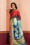 Tussar Kantha Stitch with dark red dark brown hand paint flower motif