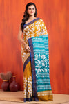 Tussar Kantha Stitch with golden and sky hand paint flower motif