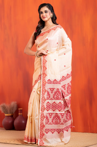 Pure Tussar Silk Jamdani Red White